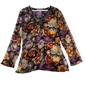 Envy U Small Tunic Top Sheer Floral Sequin Bling Embellished V-Neck Multicolor